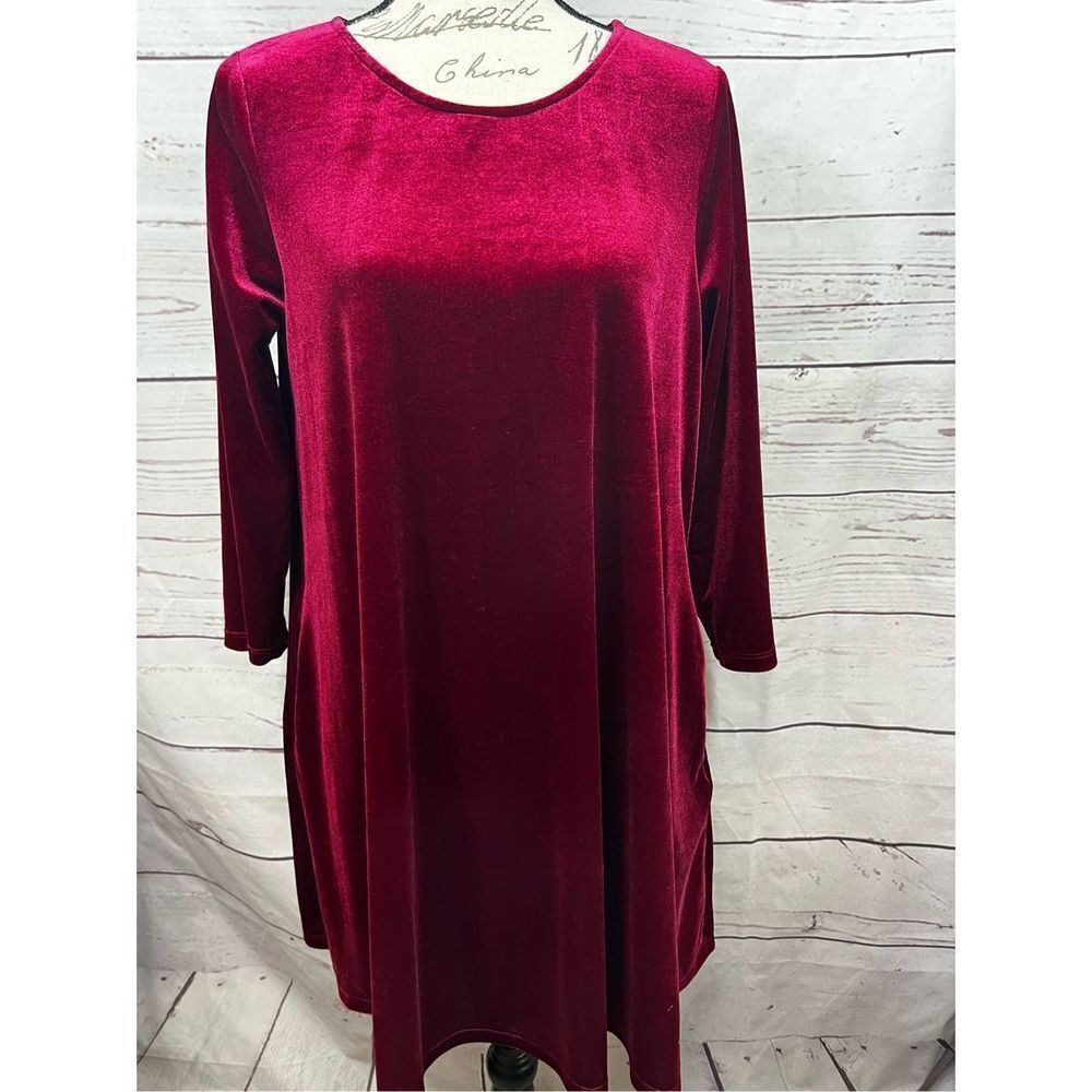 Agnes & Dora Burgundy Velvet Shift Dress XL 3/4 Sleeve Wine‎ Red Swing Mini Knee